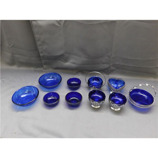 Lot of 10 Vintage Cobalt Blue Bowls, Trinket Dishes some w Metal Trays