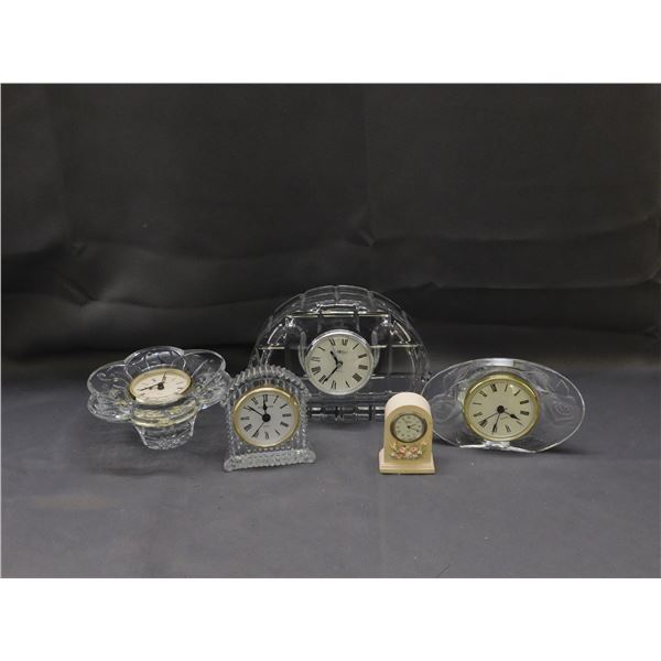 Lot of 5 Glass Crystal Mantle / Deck Clocks Mikasa, Quartz, Etc