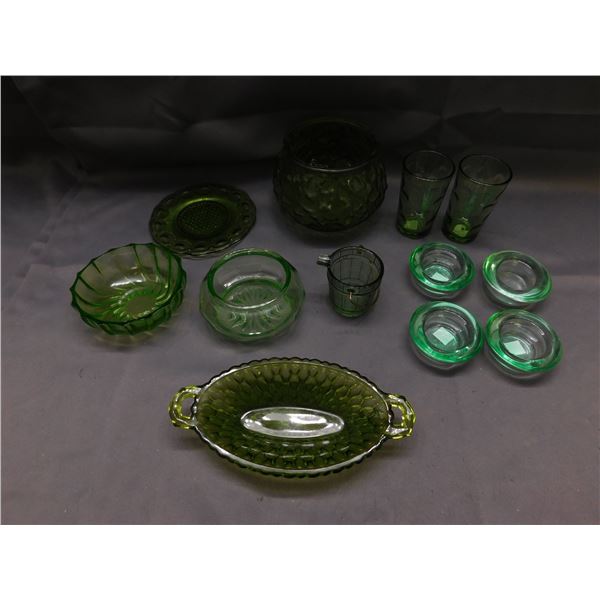 Lot of 12 Vintage Green Glass Pieces Cups, Bowl, Dish, Plate