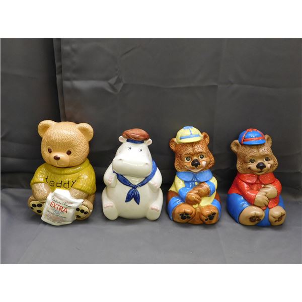 Lot of 4 Vintage Cookie Jars Teddy Bear, Hippo