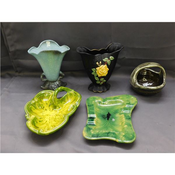 Lot of 5pcs Pottery Tray, Ashtray, Vase, Basket Hull USA (2) F24, Made in Canada, Lovenden, 989 USA