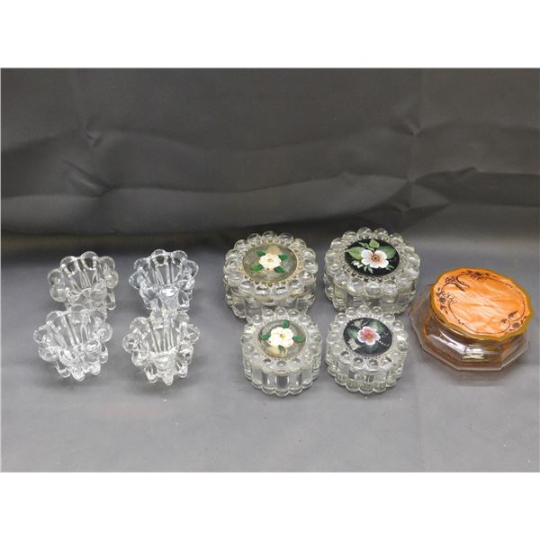 Lot of 9 Trinket Powder Jars Vanity, Candle Holders, 1 Pink Jar with Early Plastic Lid