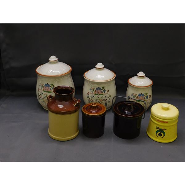 Lot of 7 Ceramic Canister Set, Crock, Picking Jar, Etc