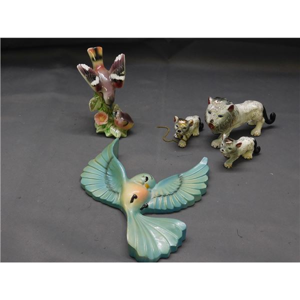 Lot of 3 Chalkware Blue Bird, Ceramic Bird Figurine & Lion with Cubs Figurine