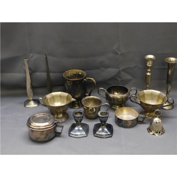 Lot of Assorted Silverplate Cups, Cream, Sugar, Candleholders, Bud Vases