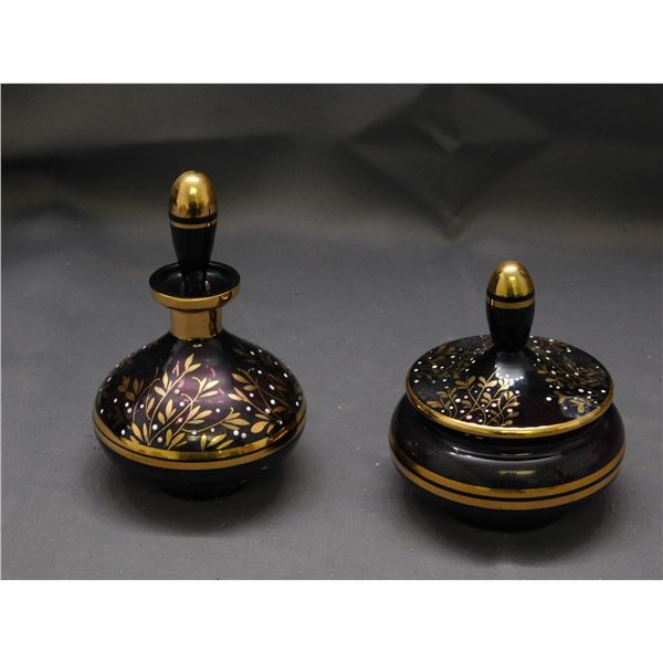 Vanity Dresser Set Violet Amethyst Powder Jaw & Perfume Jar Hand Made in Czechoslovakia