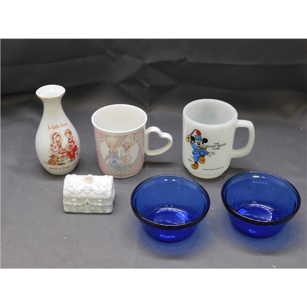 Lot of Anchor Hocking Cobalt Custard Bowl & Milk Glass Mug, Holly Hobby Vase, Earring Chest, Etc