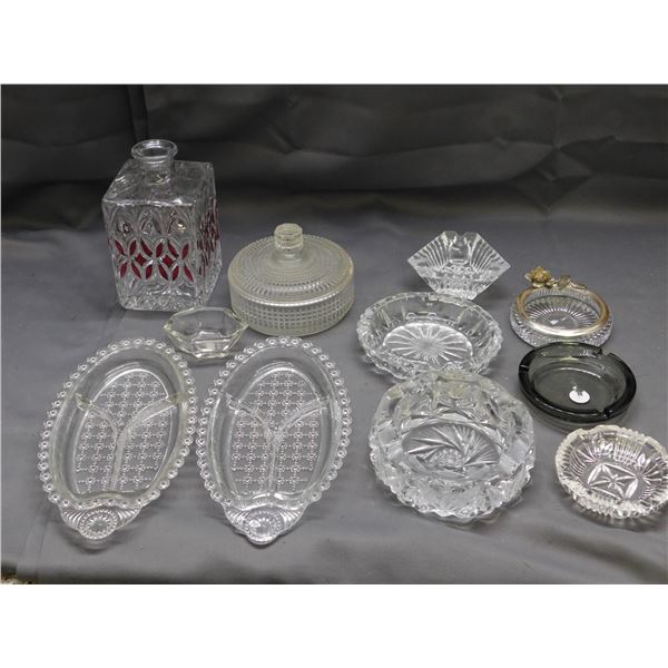 Lot of Assorted Vintage Glass Ashtrays, Decanter (no stopper), Divided Trays, Etc