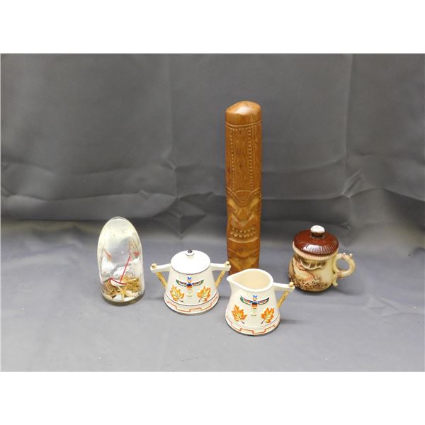Lot of 5pcs Wooden Totem Pole, Glass Decor, Cream and Sugar, Etc