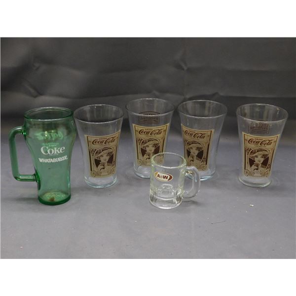 Lot of 6 Assorted Glasses Coca Cola, A&W, Bonanza