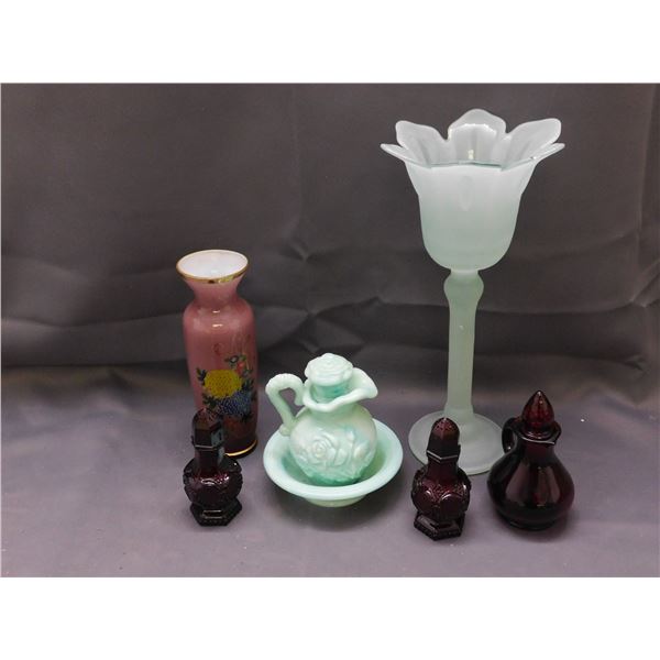Lot of Avon Ruby Red Salt and Pepper Shakers, Gravy Pitcher w Tray, Misc China, Frosted Vases