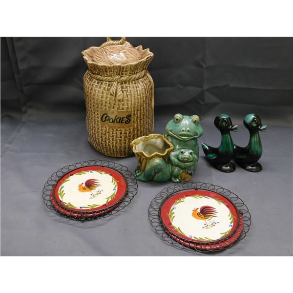 Cookie Jar, BMP Ducks, Rooster Wall Plaques, Frog Planter