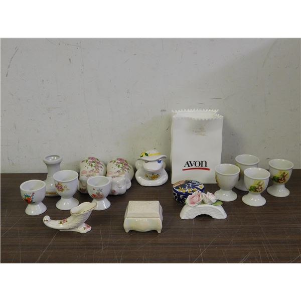 Lot of Assorted Vintage China Egg Cups, Salt Pepper, Trinket Box, Avon Bag, Etc