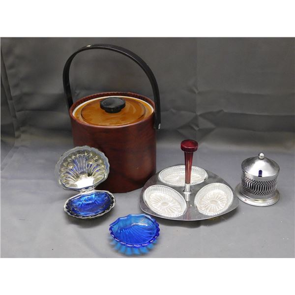 Lot of 4pcs Vintage Cobalt Blue Shell Jar, Chrome Serving Tray, Ice Bucket