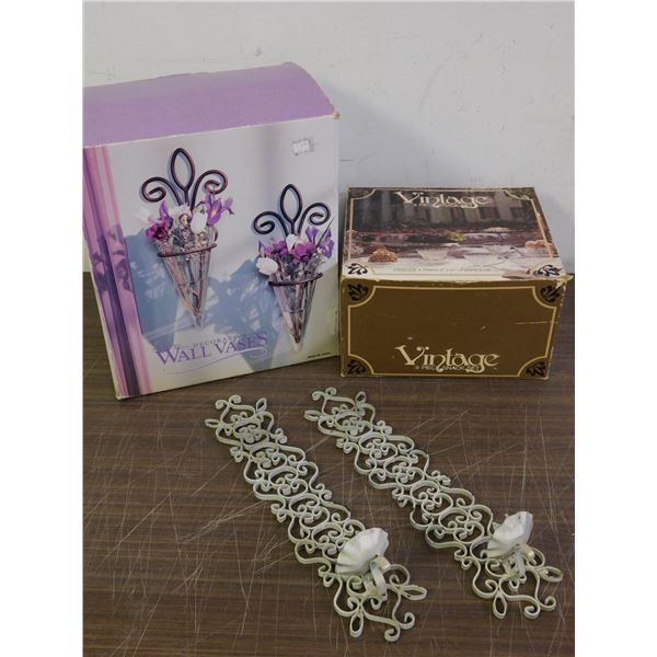 Lot of 4 Vintage 8 Piece Snack Set, Wall  Candle Holders & Wall Vase