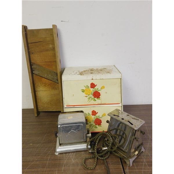 Lot of Vintage Kitchen Bread Box, Toasters, Cabbage Slicer