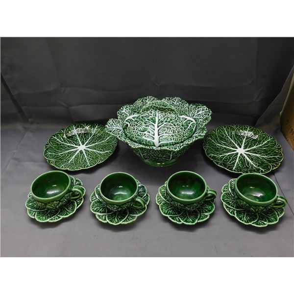 Lot of 7 Cabbage Ware Ceramic Cabbage Large Serving Bowl Punch Bowl w Lid, 4 Cups Saucers, 2 Plates