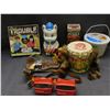 Image 1 : Lot of 8 Vintage Assorted Toys Knick Knacks Viewmaster, Drum, Toy Gun, Piggy Bank, Trouble, Etc