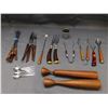 Image 1 : Lot of Assorted Bar Tools Bottle Openers, Teak Candle Sticks, Tea Spoons, Fondue Forks, Tongs, Shot