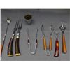 Image 2 : Lot of Assorted Bar Tools Bottle Openers, Teak Candle Sticks, Tea Spoons, Fondue Forks, Tongs, Shot