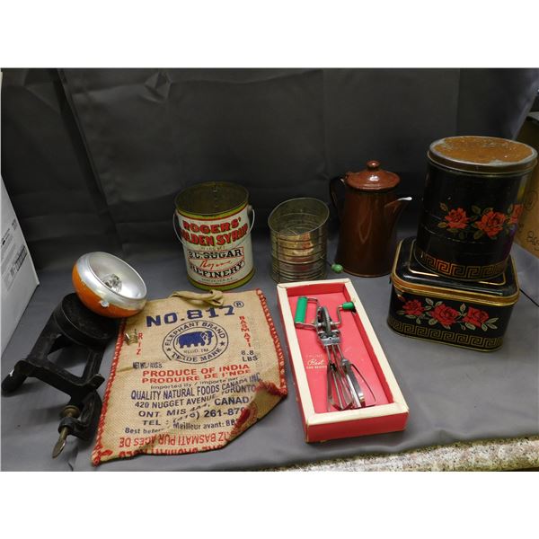 Lot of 8 Assorted Vintage Tin, Sifter, Tea Pot, Tea Tins, Burlap Bag, Egg Beater , Primitive Juicer