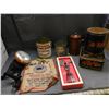 Image 1 : Lot of 8 Assorted Vintage Tin, Sifter, Tea Pot, Tea Tins, Burlap Bag, Egg Beater , Primitive Juicer