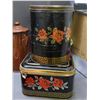 Image 2 : Lot of 8 Assorted Vintage Tin, Sifter, Tea Pot, Tea Tins, Burlap Bag, Egg Beater , Primitive Juicer