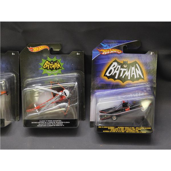 Lot of 4 Batman Hot Wheels Die Cast Toy Cars Tim Burton movies, 1966 TV Series, Batcopter, etc