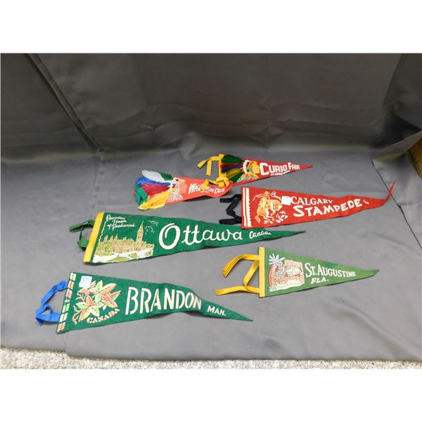 Lot of 6 Vintage Pennants Calgary Stampede, Ottawa, Brandon, St Augustine, Wisconsin Travel Souvenir