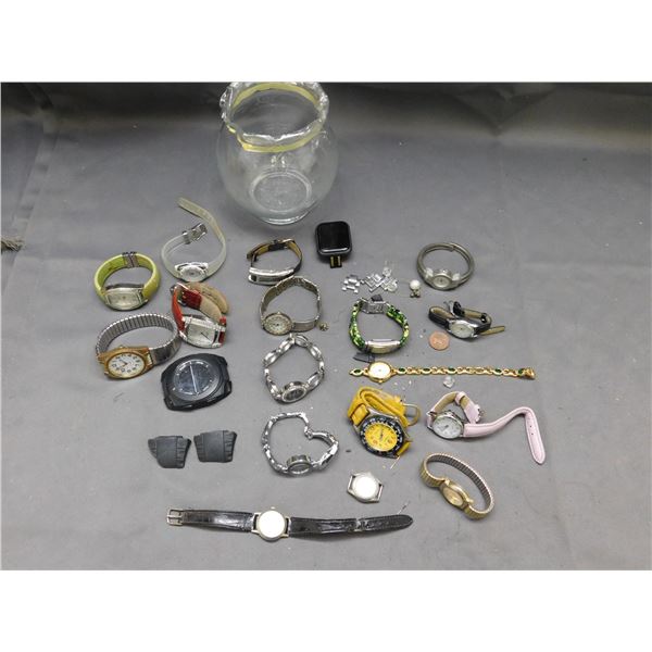 Glass Vase with Assorted Watches & Watch Parts *for parts*