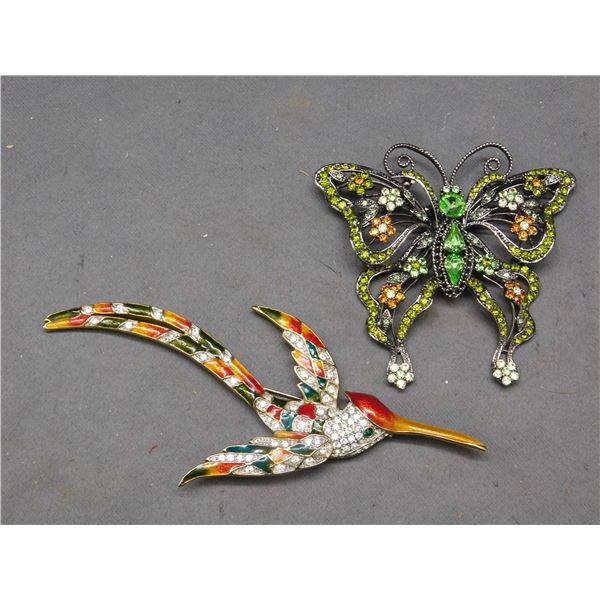 Lot of 2 Brooches Pins Rhinestone Butterfly and Hummingbird