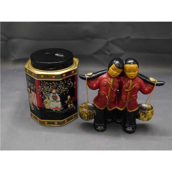 Lot of 2 Asian Tin Tea Canister & Devonware Hand Painted Ceramic Figurine Working Duo Asian