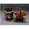 Image 1 : Lot of 2 Asian Tin Tea Canister & Devonware Hand Painted Ceramic Figurine Working Duo Asian