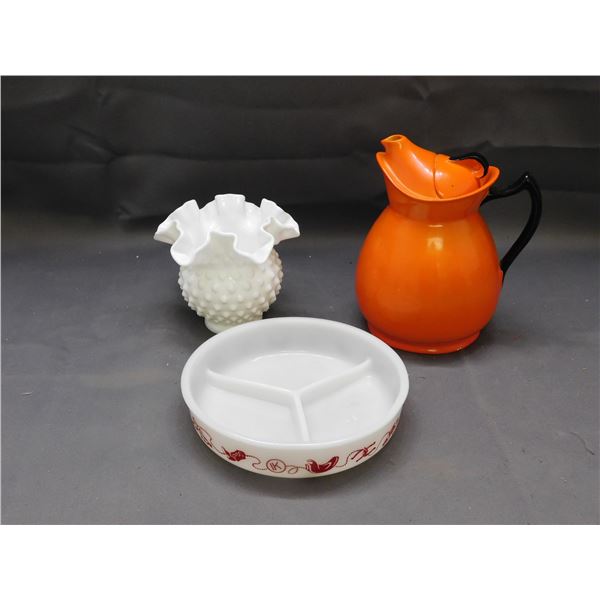 "Cosy" Belgium Ceramic Tea Pot Orange, Wood & Sons, Anchor Hocking Divided Tray, Hobnail Milk Vase