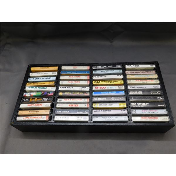 Lot of 40 Cassette Tapes Assorted in Case Rod Stewart, Wilf Carter, Marty Robbins, Paul Young