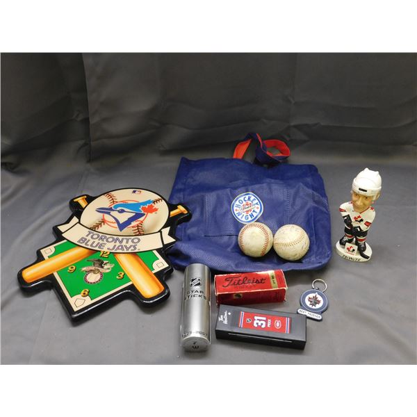 Lot of Sports Items Baseball, Tim Hortons, Winnipeg Jets Keychain, Bobble Head, Bag, Wall Clock