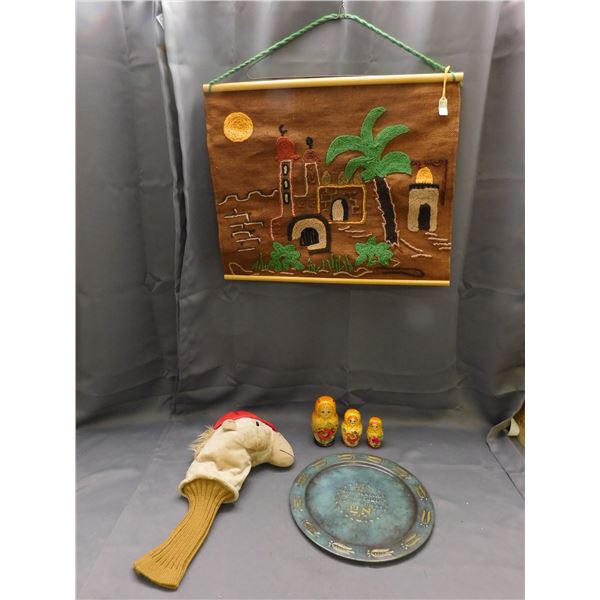 Lot of 4 Russian Wooden Matryoshka Doll, Horse Hand Puppet, Wall Hanging