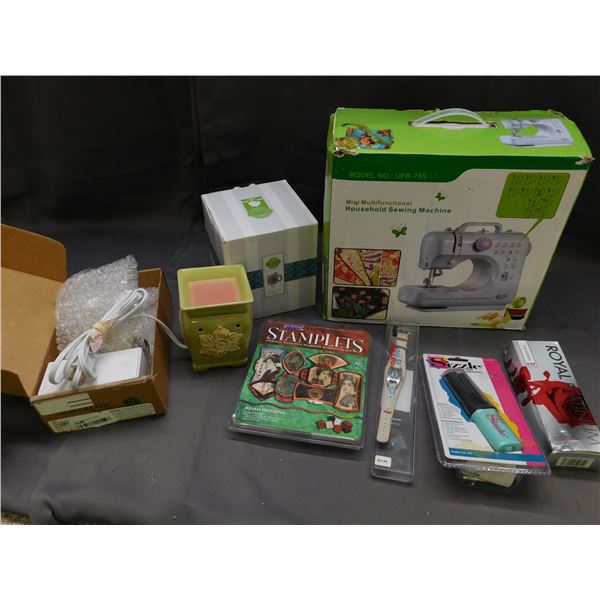 Lot of Assorted Mini Household Sewing Machine, Sizzle Hair Iron, Stamps, Candle Burner, Scentsy, Etc