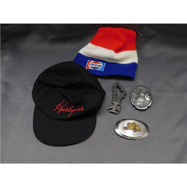 Pepsi Beanie, Harleyquin Baseball Cap, Belt Buckles, Etc