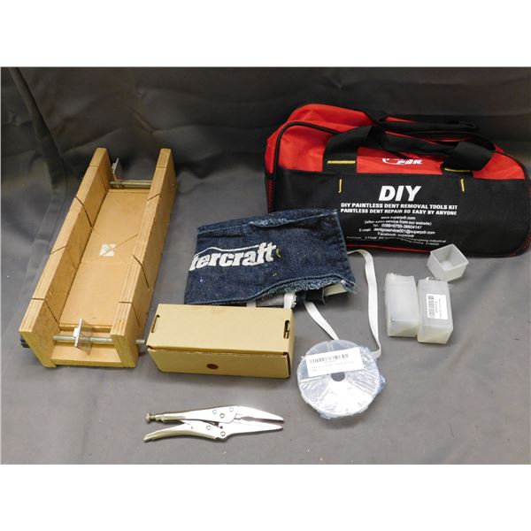 Lot of Assorted DIY Tools Kit, Plastic Container, Mastercraft Apron, Grip, Etc Tool Related
