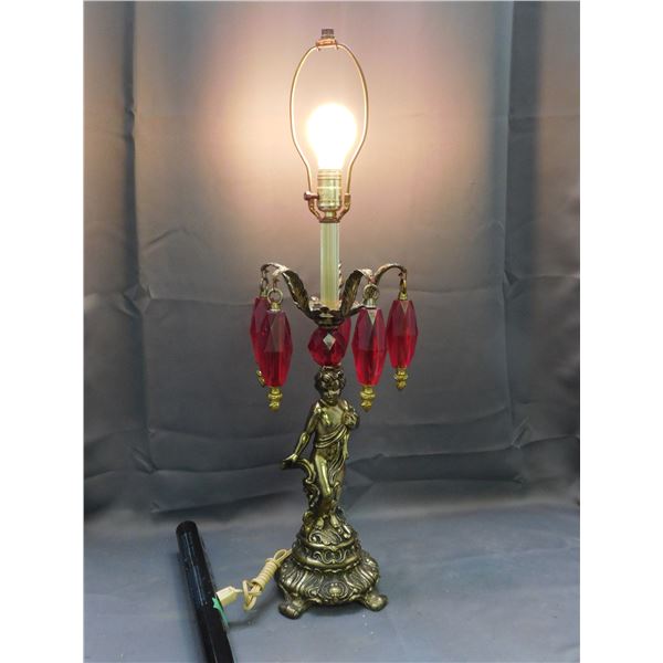 Vintage Brass Cherub Boy Lamp Base with Red Gemstones Glass Decoration *works*