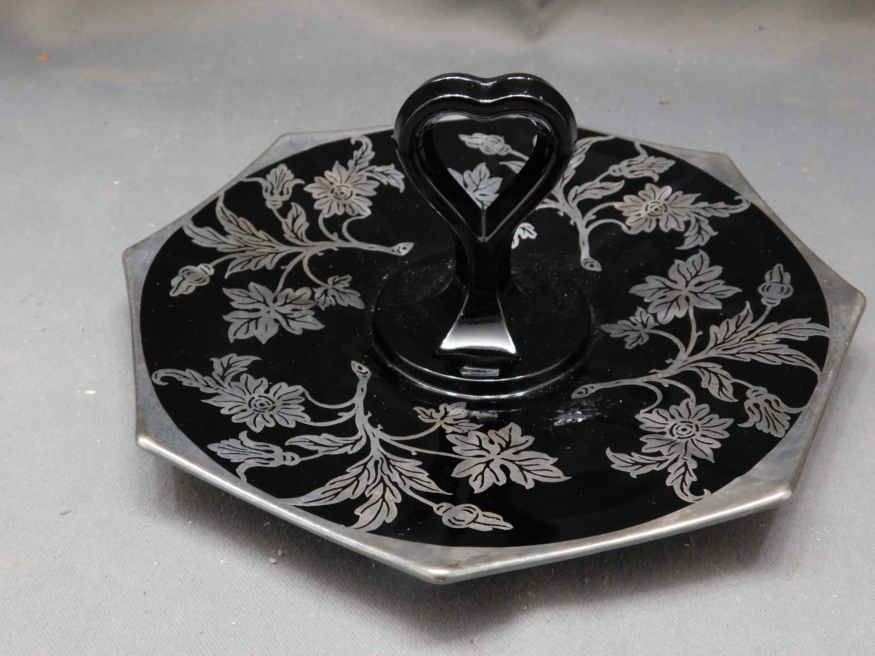 Black Onyx Glass Sterling Silver Inlay Serving Tray with Handle