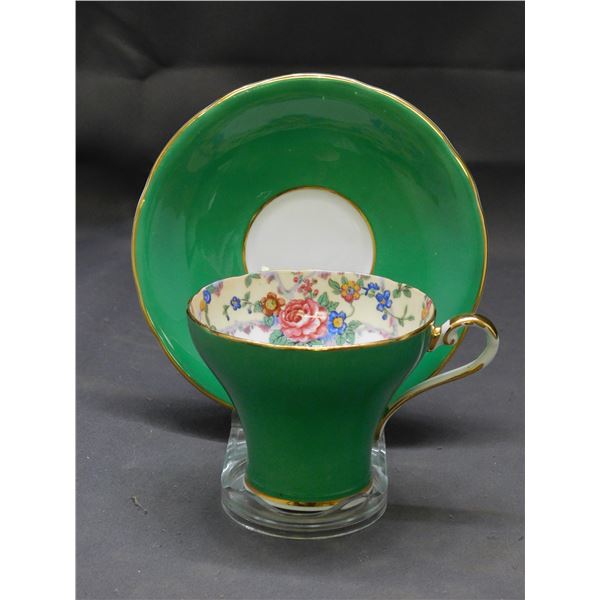 Aynsley England Bone China Corset Cup & Saucer Green Gold Floral