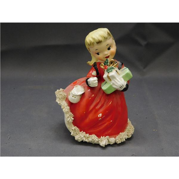 Vintage 1956 Napco Shopper Girl w/ Presents, Red Dress Figurine (some paint loss)