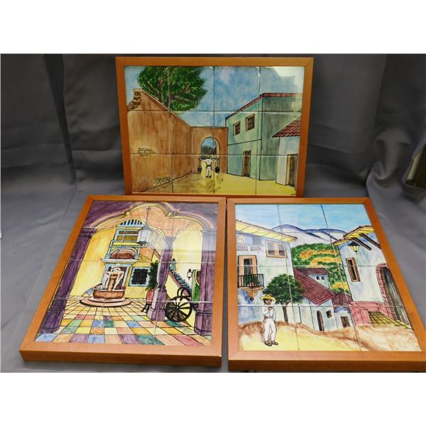 3 Hand Painted Tile Artwork Framed and Hand Signed by Artist 14" x 19"