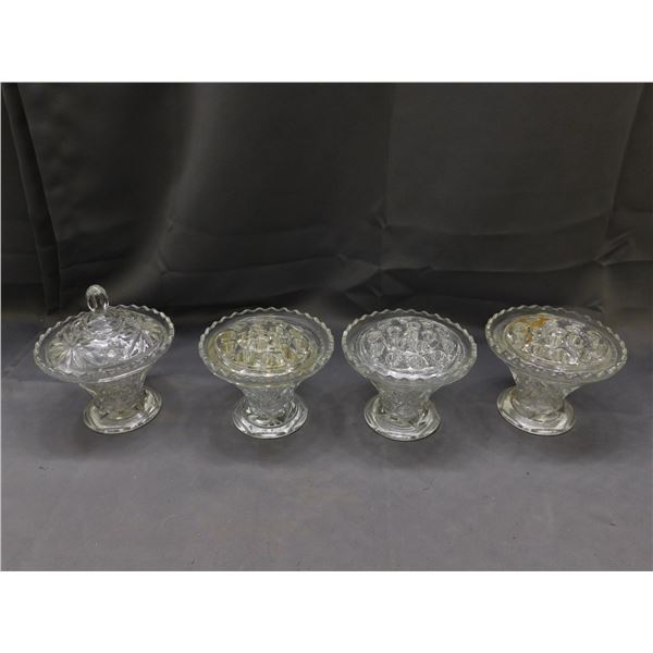Lot of 4 Glass Vases Lady American Prescut EAPG w Flower Frogs.(1 with lid)