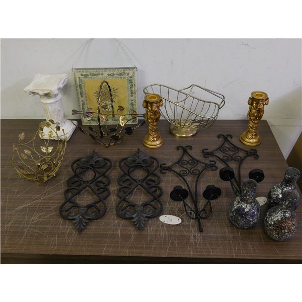 Lot of Assorted Decor, Wall Sconces, Candlesticks, Pillar, Plant Baskets, Vases