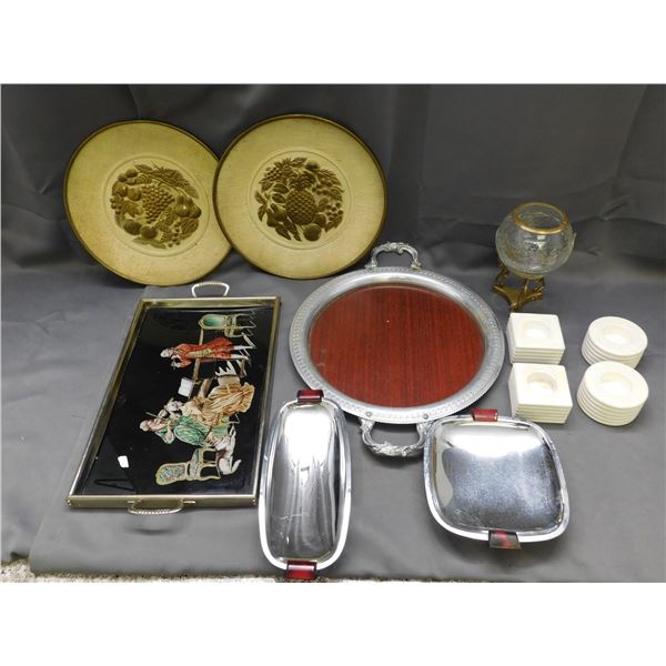 Lot of Chrome Serving Trays, Candle Holders, Metal Plates Wall Art, Trays