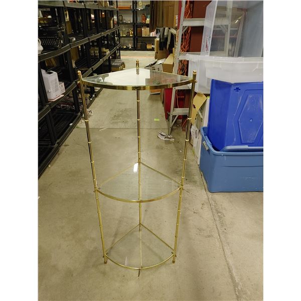 Brass and Glass 3 Tier Corner Shelf 17"w 13"d 44"t