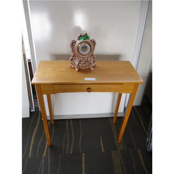 Wooden Table (Drawer Sticky) w/Mantle Clock (Chipped Top)